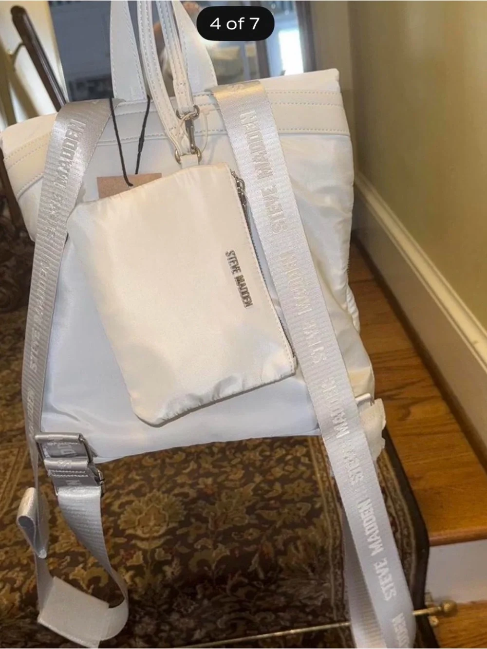 Steve Madden White Nylon Roll-Top Backpack with Front Buckle